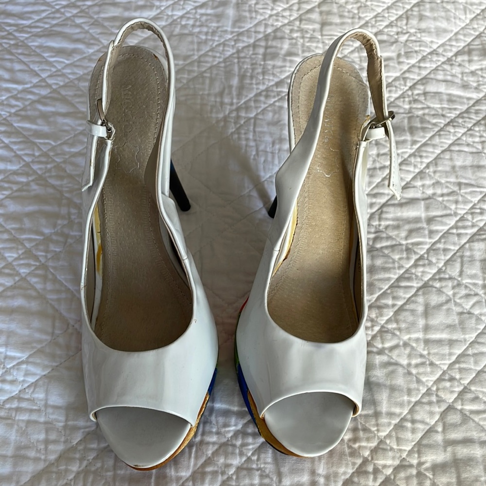 White sling back stiletto 5” heals with satin wrap front platform!